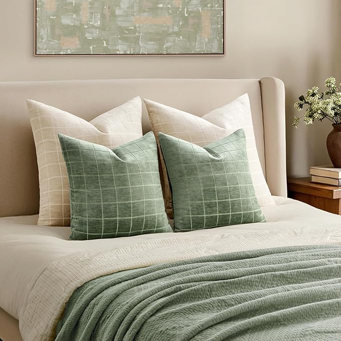 MIULEE Decorative Chenille Check Throw Pillow Covers Vintage Plaid Couch Pillows 18x18 Inch Set of 2 Neutral Boho Farmhouse Cushion Covers Modern Spring Home Decor for Sofa Bed Living Room Sage Green