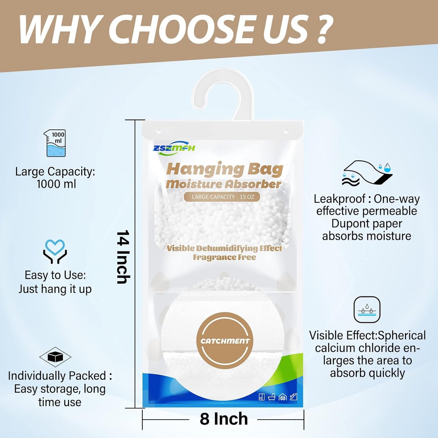 ZSZMFH 8 Pack Moisture Absorber Hanging Bags, Fragrance Free Humidity Packs, 15 OZ Dehumidifier Bags Effectively Trap Extra Moisture,Hanging Closet Dehumidifier Bags-425g/pack