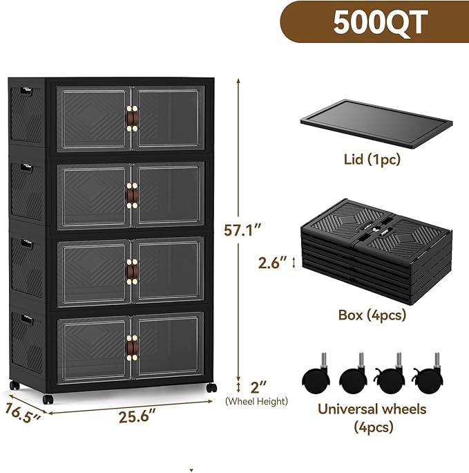 SAILUN 500QT Stackable Storage Bins with Lid, Collapsible Storage Bins With Doors and Wheels, Folding Plastic Cabinet Containers for Home Kitchen Closet Organization, 4 Pack