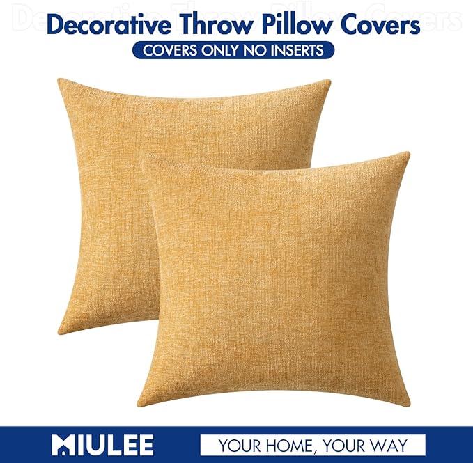 MIULEE Pack of 2 Couch Throw Pillow Covers 18x18 Inch Soft Beige Yellow Chenille Pillow Covers for Sofa Living Room Spring Home Decor Couch Solid Dyed Cases