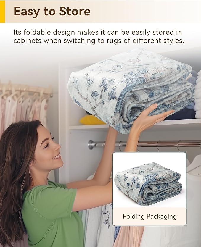 RELEANY Area Rugs 4ft Washable Non-Slip, Floral Vintage Distress Print Pattern Medallion Carpet for Living Room Bedroom Dining Room, Light Blue Navy Beige Gray White