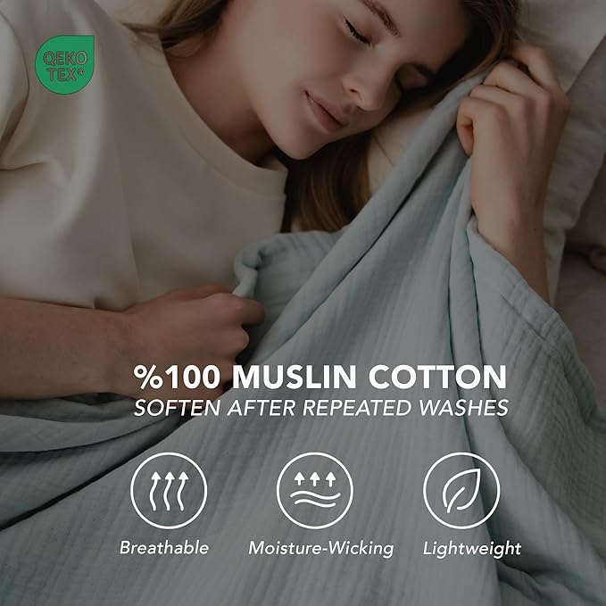 Goqan Muslin Blanket Twin 55x79 – 100% Turkish Cotton 4 Layer Boho Muslin Blanket for Adults, Four Season, Lightweight and Thin, Soft, Breathable, for Bed, Couch - Aqua Green