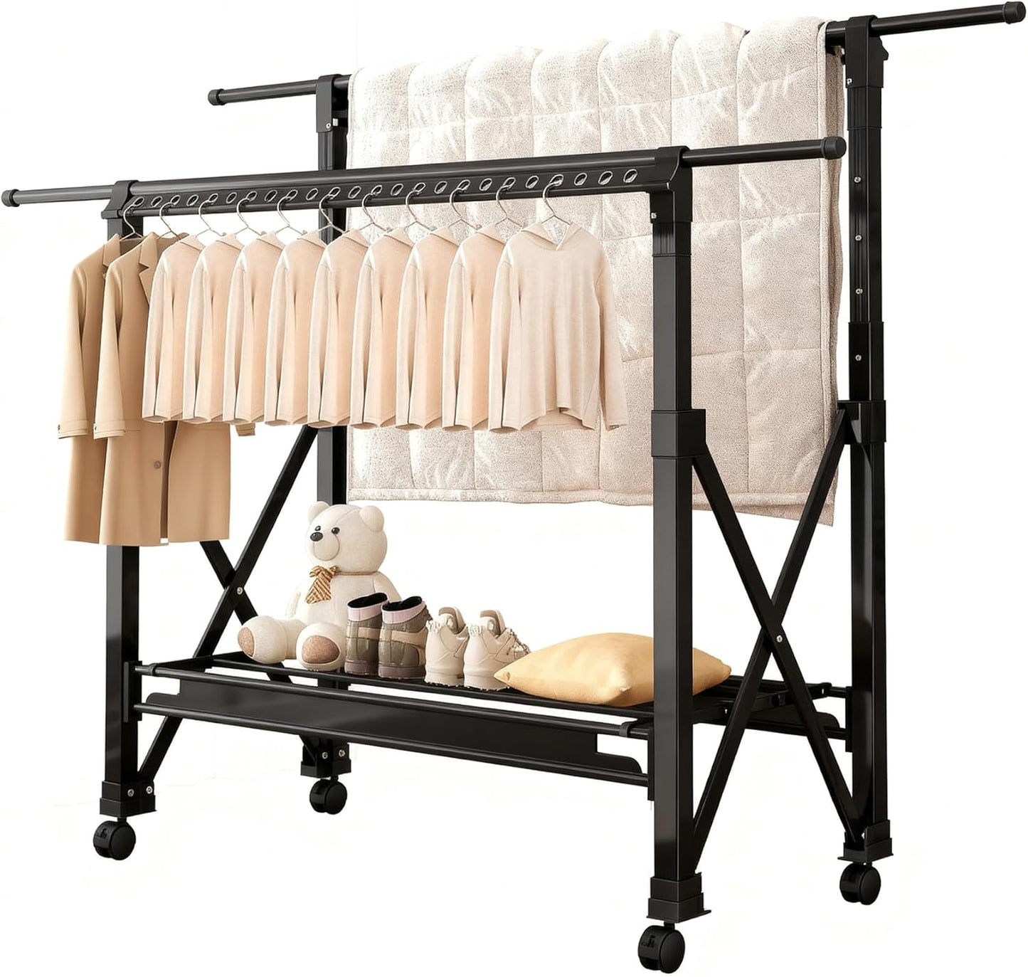 Heavy Duty Rolling Clothing Rack with Wheels, Portable Double Rod Metal Garment Rack, Clothes Drying Hanging Organizer for Closet, Laundry, Storage, Freestanding Adjustable Coat Hanger, Black