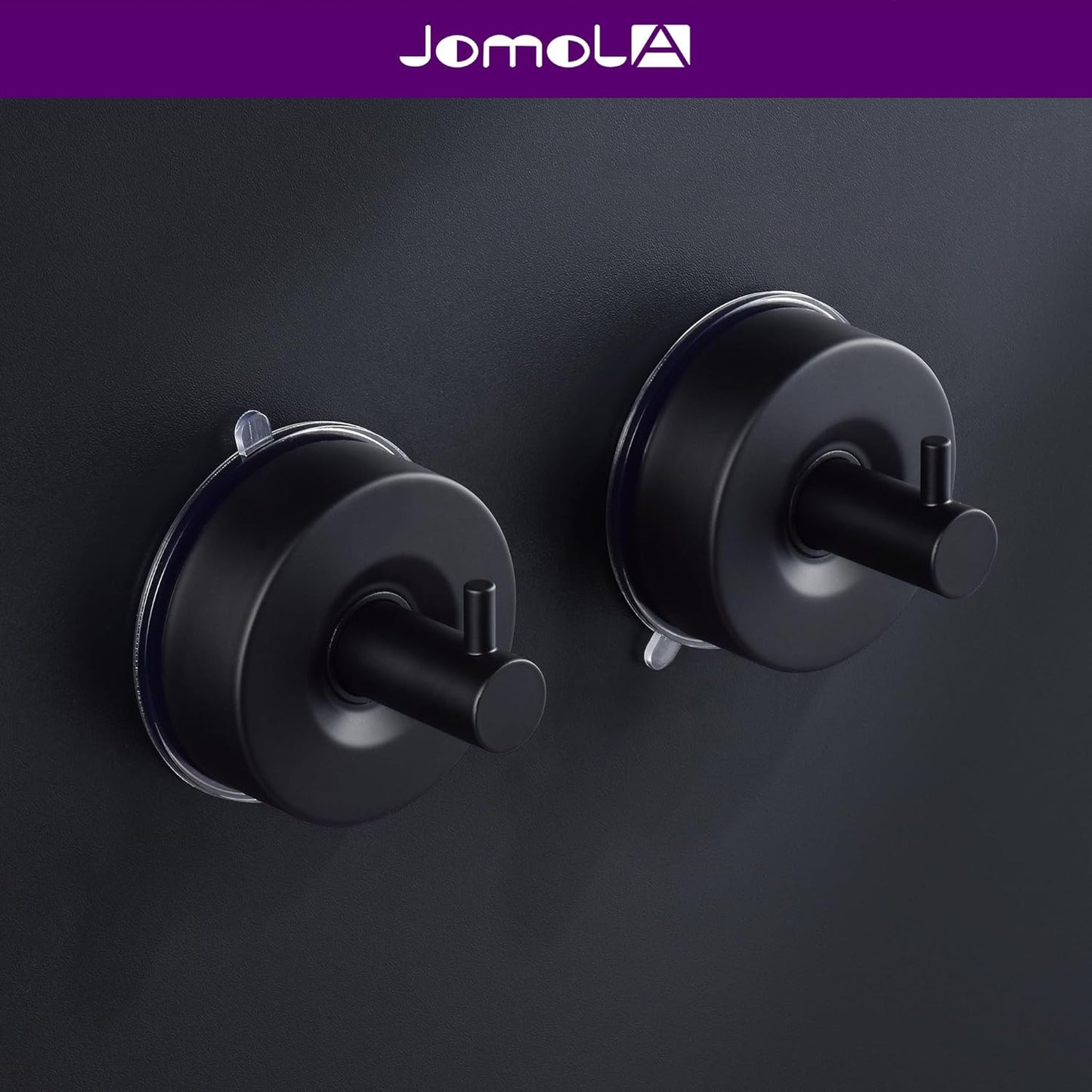 JOMOLA Stainless Steel Bathroom Suction Hooks - No Drill Adhesive-Free Wall Mount for Shower, Towel & Robe, Rustproof Metal Hardware with Damage-Free Grip, Matte Black (2-Pack)