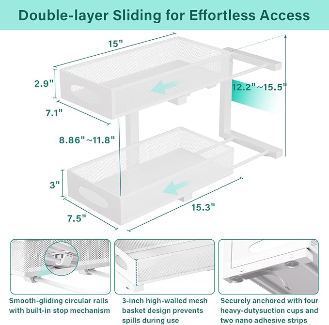 Under Sink Organizer, 1 Pack 2 Tier Metal Slide Out Pull Out Cabinet Organizer Shelf, Height Adjustable Organization and Storage Series, Bathroom/Desktop/Cabinet/Kitchen organization, White