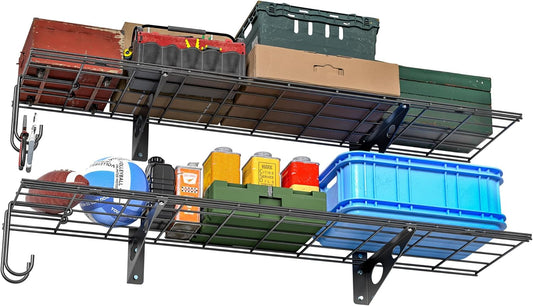 EVERHANGER Garage Wall Shelves, 12 X 48 Inch Wall Mounted Storage Shelves, Heavy Duty Metal Shelving with Hooks, 2 Pack, Black