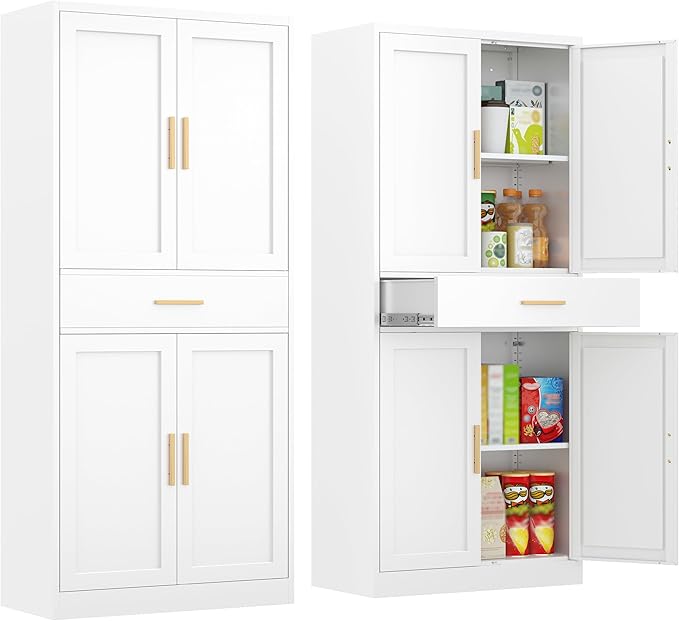 Kitchen Pantry Cabinet,71” Metal Tall Pantry Storage Cabinet with Doors 2 Adjustable Shelves and a Drawer,Kitchen Storage Cabinets White Freestanding Food Cabinet for Pantries, Kitchen, Dining Room