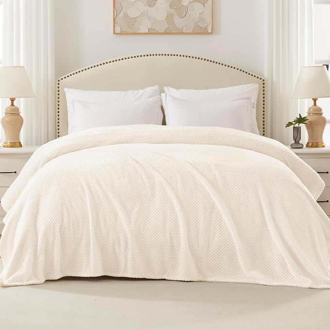 Exclusivo Mezcla Fleece Bed Blanket Twin Size, Super Soft and Warm Blankets for Couch, Sofa and Bed Waffle Textured, Cozy, Fuzzy and Lightweight (Ivory, 90x66 Inches)