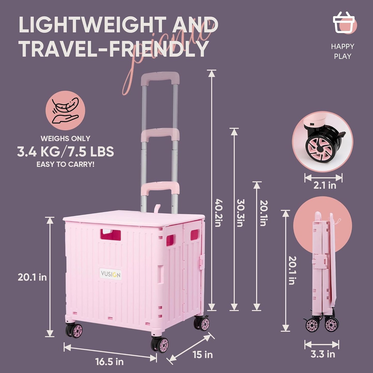 VUSIGN Folding Utility Cart, Foldable Rolling Crate Handcart with Lid, Portable Collapsible Shopping Trolley Tool Box, 4 Rotate Wheels for Grocery, Office, Travel, Teacher, Luggage, Pink