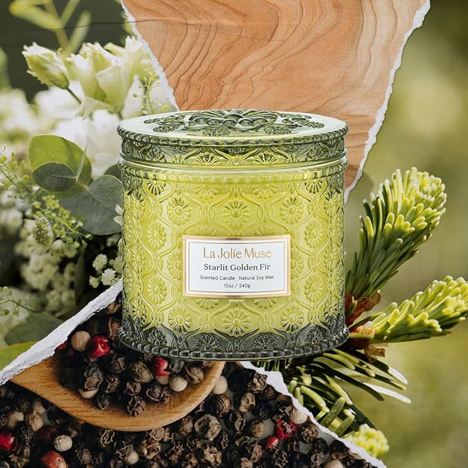 LA JOLIE MUSE Starlit Golden Fir Candle - Cedarwood, Patchouli, Fir Balsam | 12 oz Large 2-Wick Soy Wax Candle | 60 Hours Clean Burn | Balsam and Fir Candle | Gift-Ready for Hosts & Gatherings