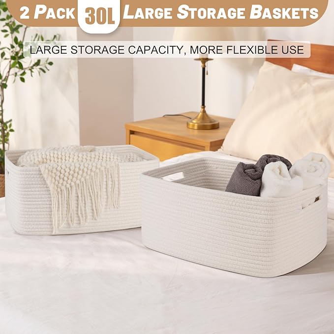 OIASKET Large Storage Basket for Organizing, Woven Rope Basket for Shelves, Closet Organizer Bins for Clothes, Blanket, Toys, Baby Nursery Storage, 17.7" x 13" x 7.87", 2 Packs White