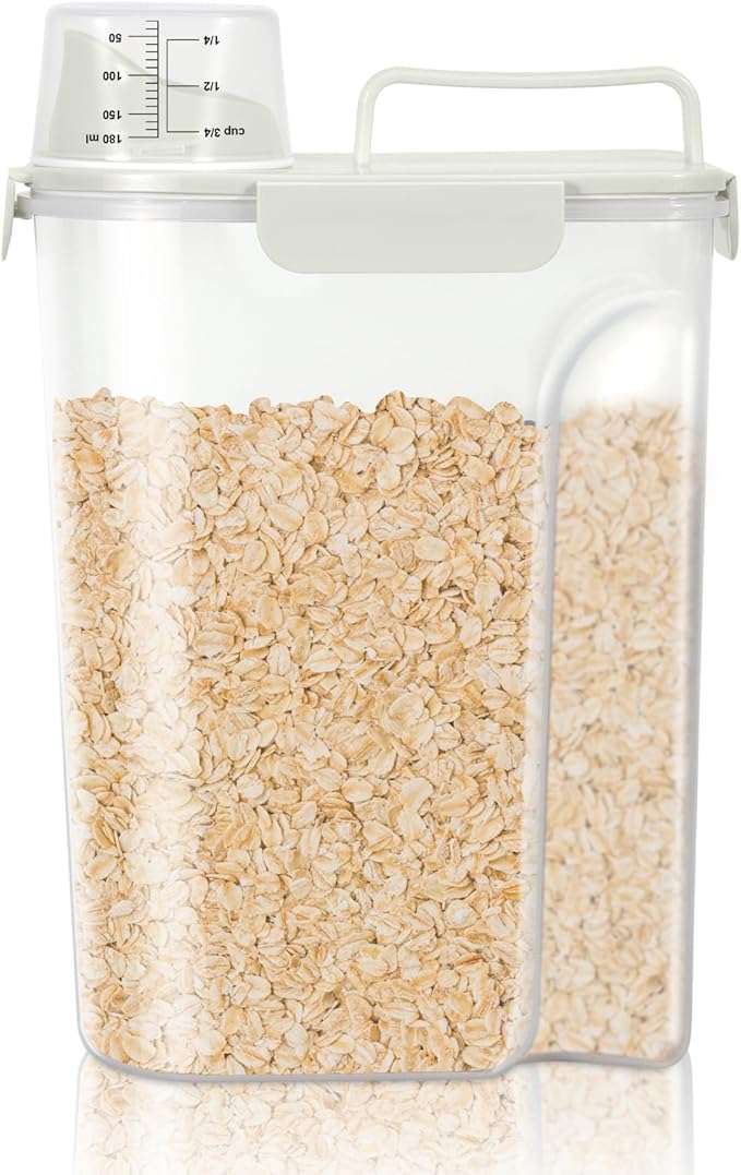 TBMax Airtight Rice Container 10 Lbs, Cereal Dispenser, Pet Cat Dog Food Storage Container, Plastic Kitchen Pantry Food Storage Holder with Cup -Beige