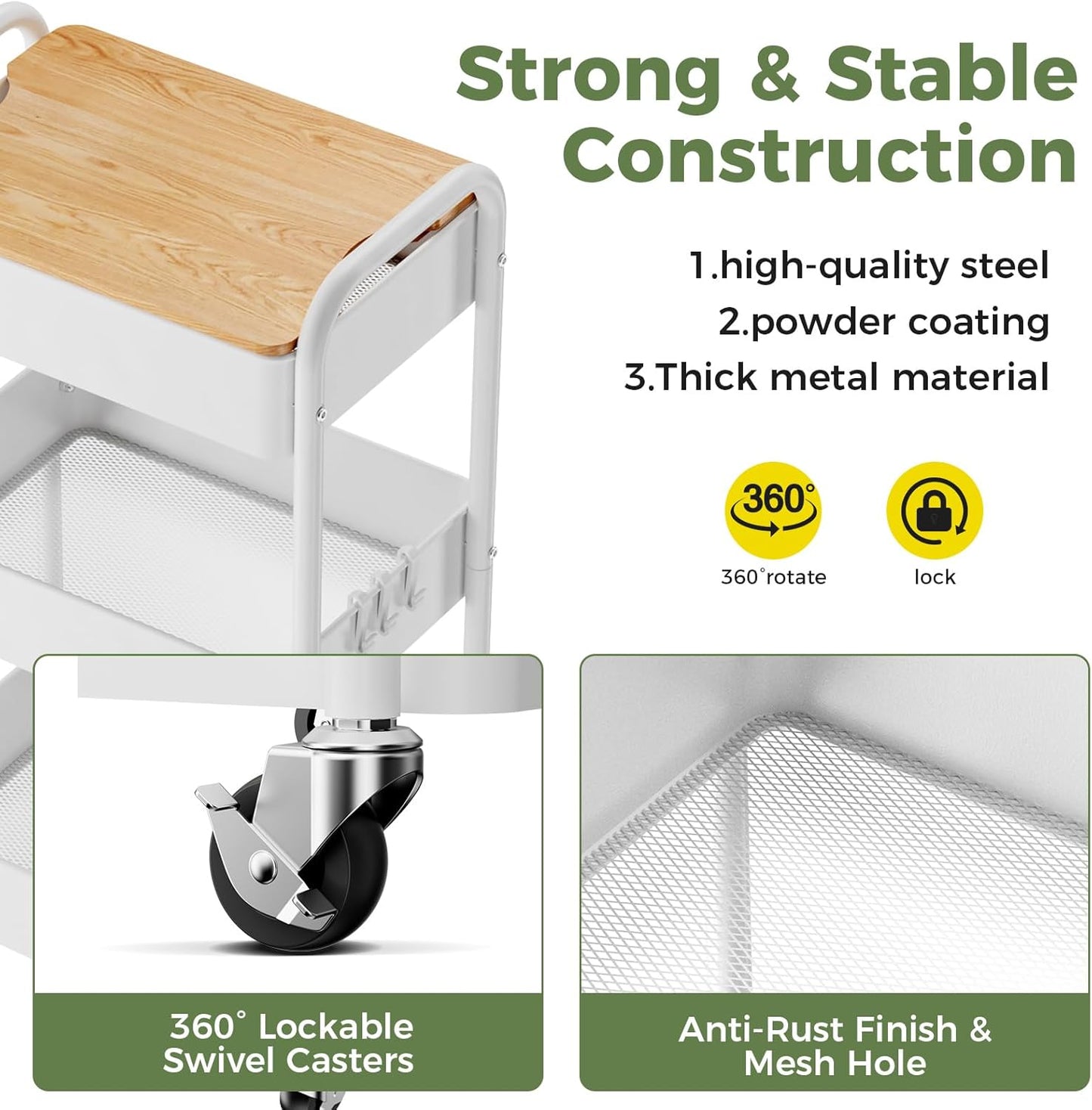 3 Tier Rolling Cart with Table top, Metal Rolling Utility Cart on Wheels, Sturdy Storage Organizer Cart with Hooks for Office, Classroom, Kitchen and Bathroom (White)