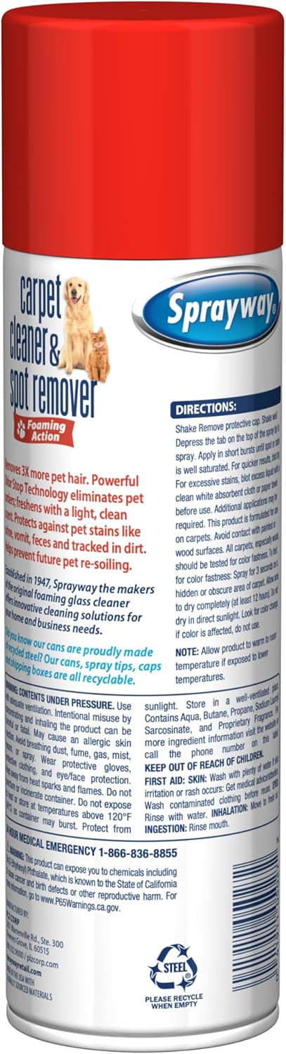 Sprayway Carpet Cleaner (Pet), 19oz, Pack of 6 | Removes Pet Stains & Odors, Foaming Action | Deep Cleans Carpets & Upholstery | Fresh Scent, Quick-Drying Formula
