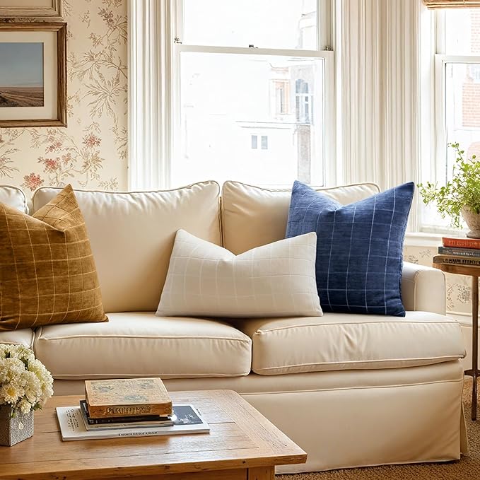 MIULEE Decorative Chenille Check Throw Pillow Covers Vintage Plaid Couch Pillows 18x18 Inch Set of 2 Neutral Boho Farmhouse Cushion Covers Modern Home Decor for Sofa Bed Living Room Brown Sugar