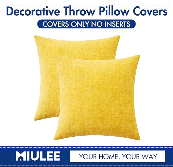 MIULEE Pack of 2 Couch Throw Pillow Covers 18x18 Inch Soft Yellow Chenille Pillow Covers for Sofa Living Room Spring Home Decor Couch Solid Dyed Cases