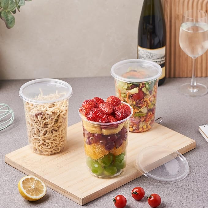 [150 Sets - 32 oz. Plastic Deli Food Storage Soup Togo Containers With Airtight Lids Clear Disposable Takeout Quart Container