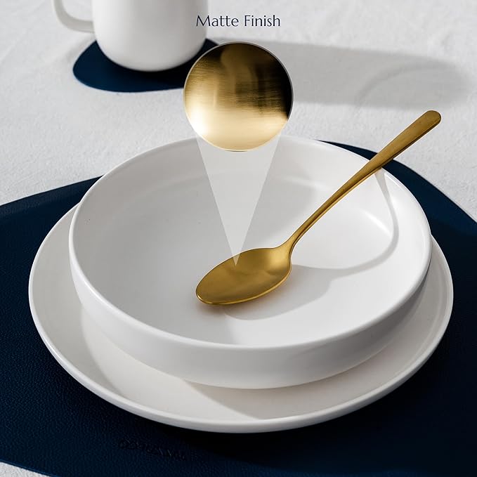 JazzUpCo Haelynn 2.0 Flatware non toxic 18/10 stainless steel dishwasher safe (Matte Gold, 8 Person Set (40 Pieces))