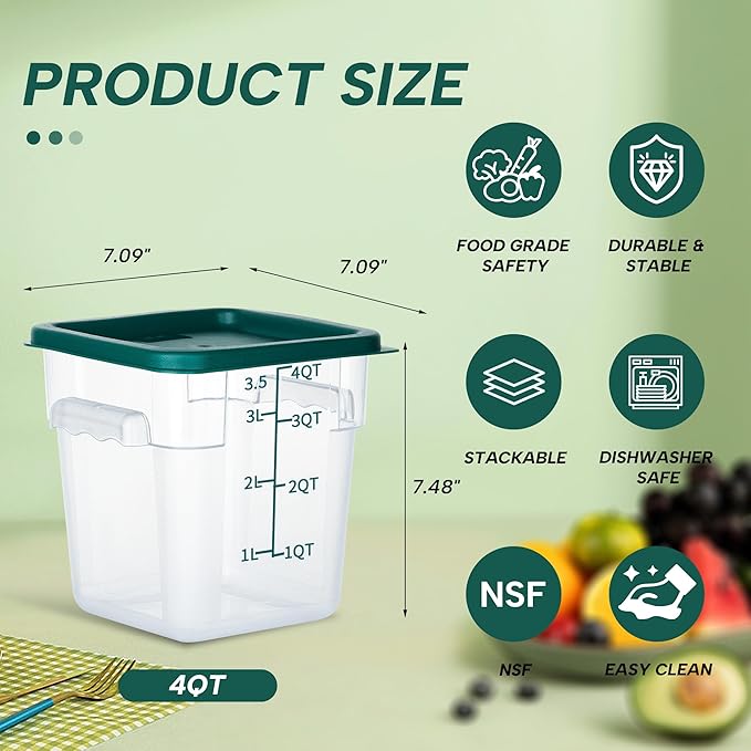 4 Pack Food Storage Containers, 4 Quart with Lids, Square Commercial Containers with Scale, Clear NSF Food Organizing, Polycarbonate
