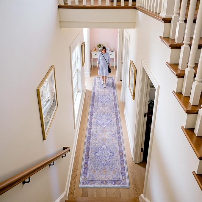 RELEANY Area Rugs 2'x10' Runner Rug Non Slip Washable for Kitchen Hallway Bedroom Beside Laundry Room Bathroom Rug, Floor Carpet, Light Purple Brown