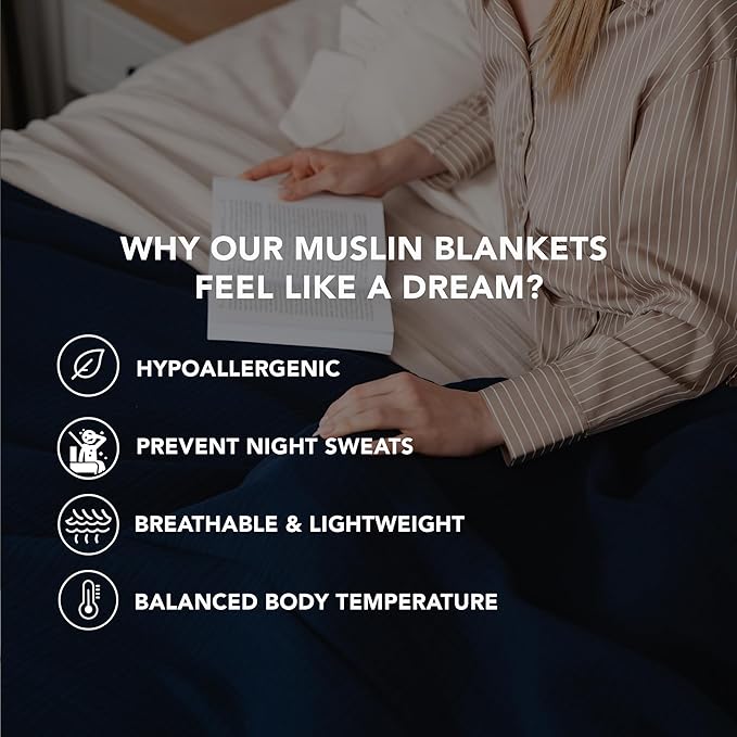 Goqan Muslin Blanket King Size 90x108 – 100% Turkish Cotton 4 Layer Boho Muslin Blanket for Adults, Four Season, Lightweight and Thin, Soft, Breathable for Bed, Couch - Navy