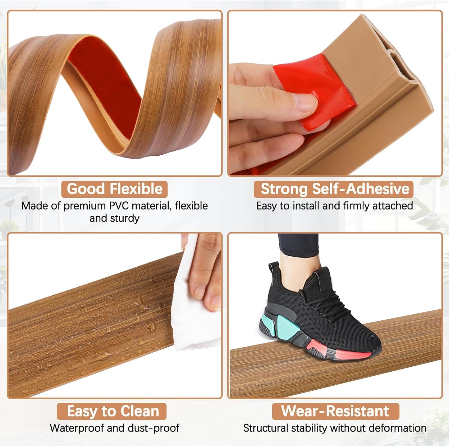 Vinyl Door Threshold Flooring Transition Strip Self Adhesive Carpet Edging Strip for Laminate Doorway Edge Threshold from 1/5" to 2/5" (Light Brown Wood Grain, 3.3 Ft)