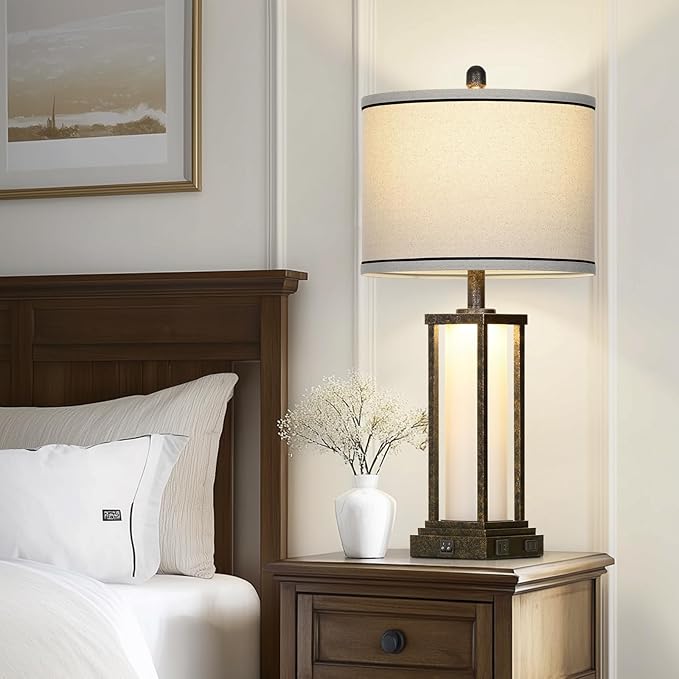 luxeflow 27in Tall Farmhouse Table Lamp with USB C+A & Outlet,Bronze Industrial End Table Lamp for Living Room,Vintage Rustic Bedside Lamp with Night Light for Bedroom Nightstand,Single Bronze