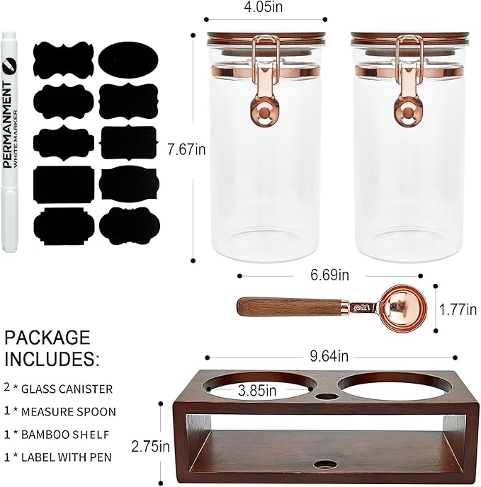 Glass Coffee Container with Wooden Shelf, 2 x 40 FLOZ Coffee Bean Storage with Sealed Closure Clips and Copper Spoon, Kitchen Large Capacity Food Storage Jar, Ground Coffee Container
