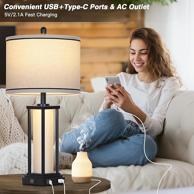 luxeflow 27in Tall Farmhouse Table Lamp with USB C+A & Outlet,Black Industrial End Table Lamp for Living Room,Vintage Rustic Bedside Lamp with Night Light for Bedroom Nightstand,Single Black