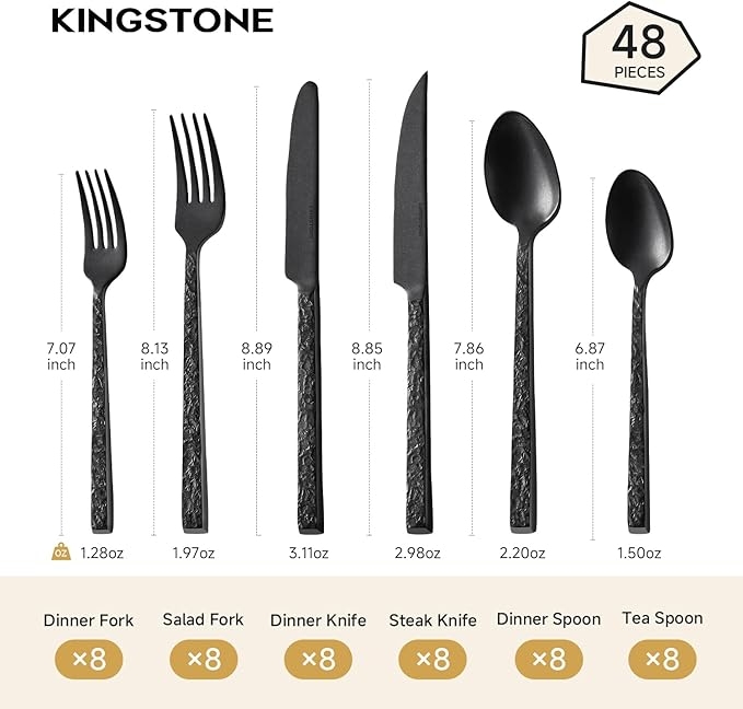 KINGSTONE 48 Pcs Black Hammered Silverware Set with Steak Knives for 8, 18/10 Stainless Steel Heavy Duty Flatware Set, Tableware Cutlery Utensil Sets for Home Restaurant Dishwasher Safe