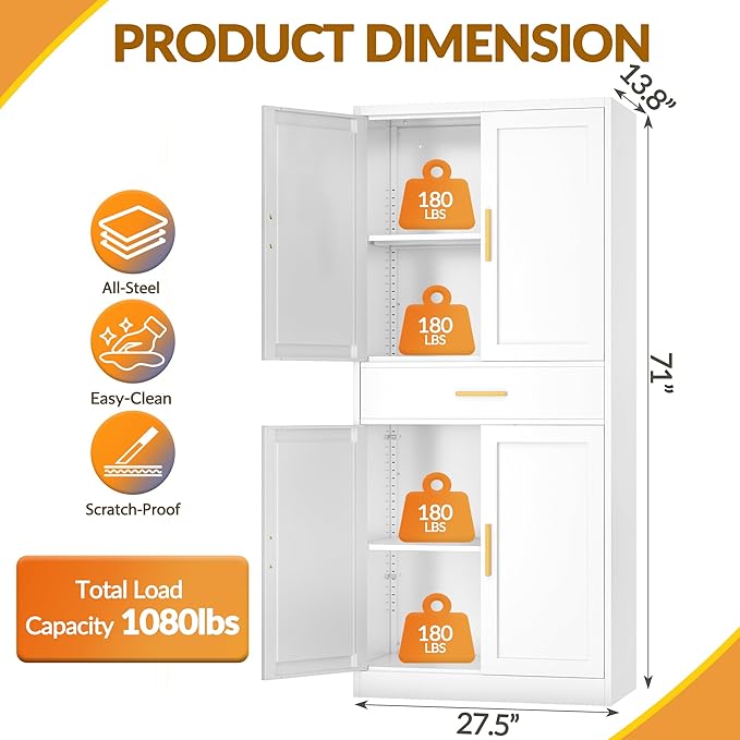 Kitchen Pantry Cabinet,71” Metal Tall Pantry Storage Cabinet with Doors 2 Adjustable Shelves and a Drawer,Kitchen Storage Cabinets White Freestanding Food Cabinet for Pantries, Kitchen, Dining Room