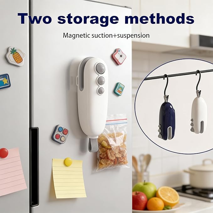 2Pcs Mini Bag Sealer 2 in 1Heat Sealer with Cutter and Magnet Portable handheld Rechargeable Food Bag Sealer Plastic Bag Sealing Machine for Snacks, Chips& Food Storage (white+blue)