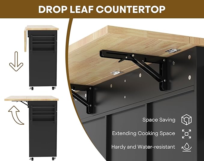 Kitchen Island with Drop Leaf, Rolling Kitchen Island on Wheels, Kitchen Island Cart with Removable Trash Bag, Drawer, Spice Rack, Mobile Island Table with Storage Cabinet, Black
