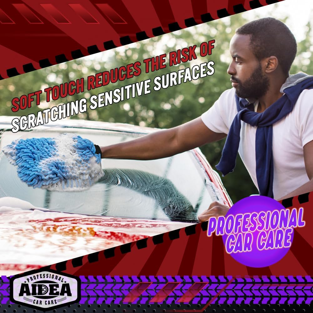 AIDEA Car Wash Mitt Microfiber, 1PK Scratch Free Lint-Free, Premium Chenille Microfiber Sponge Mitt Car Wash Brush, Blue, Regular Size 7.12''X10.14''