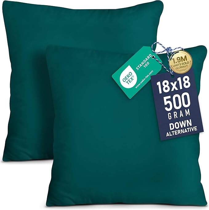 Utopia Bedding 18x18 Pillow Inserts, Set of 2, Dark Teal – Indoor Decorative Throw Pillows for Bed, Sofa & Couch – Soft, Supportive & Fluffy Cushion Inserts