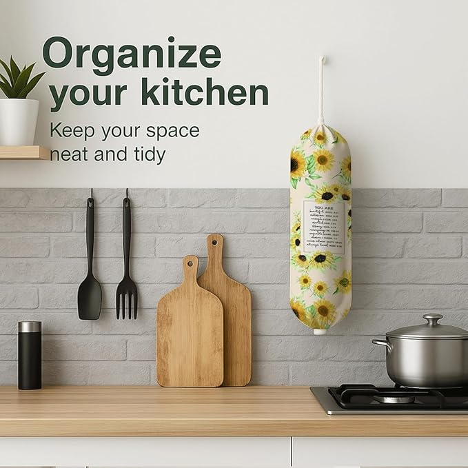 Plastic Bag Holder, Sunflowers Plastic Bag Holder with Bible Verse, Reusable Hanging Grocery Bags Organizer, Inspirational Religious Gifts for Women Friends and Family