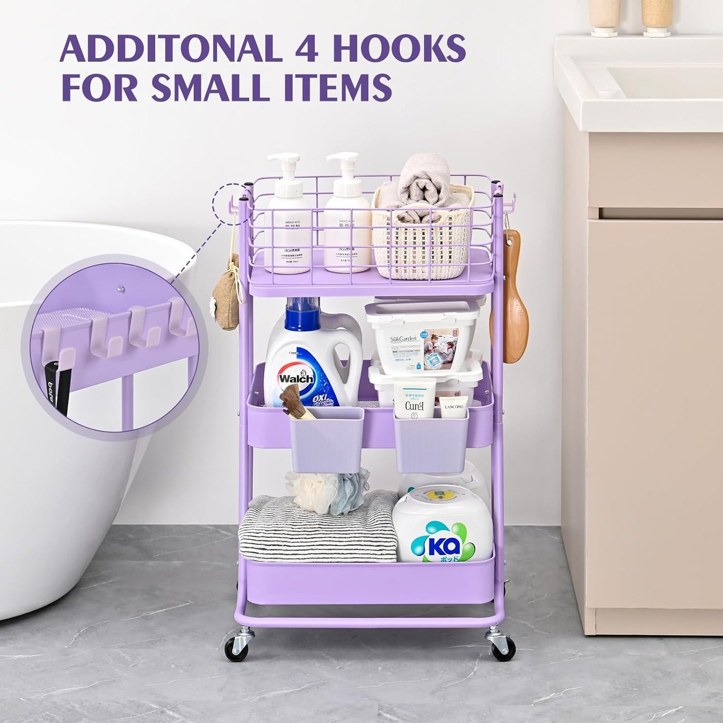 KINGRACK 3 Tier Rolling Cart, Metal Mobile Storage Shelf with Lockable Wheels, Prevent Falling Utility Trolley Cart, Storage Organizer for Kitchen, Office, Bathroom, Dorm, Purple