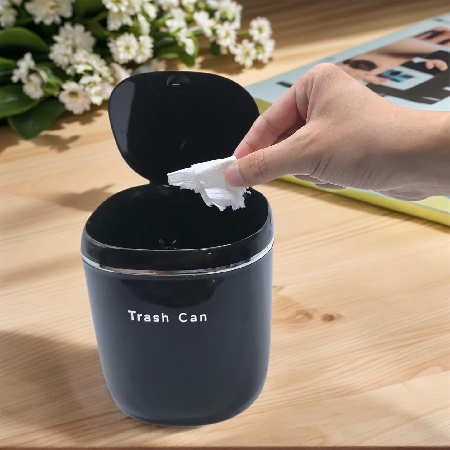0.8 Gallon Desktop Mini Trash Can with Push-Open Lid, Small Waste Baskets Includes 50 Free Bags, Small Eco-Friendly PP Waste Bin for Office Desk, Bedroom, Bathroom Tiny Garbage Can (Black)