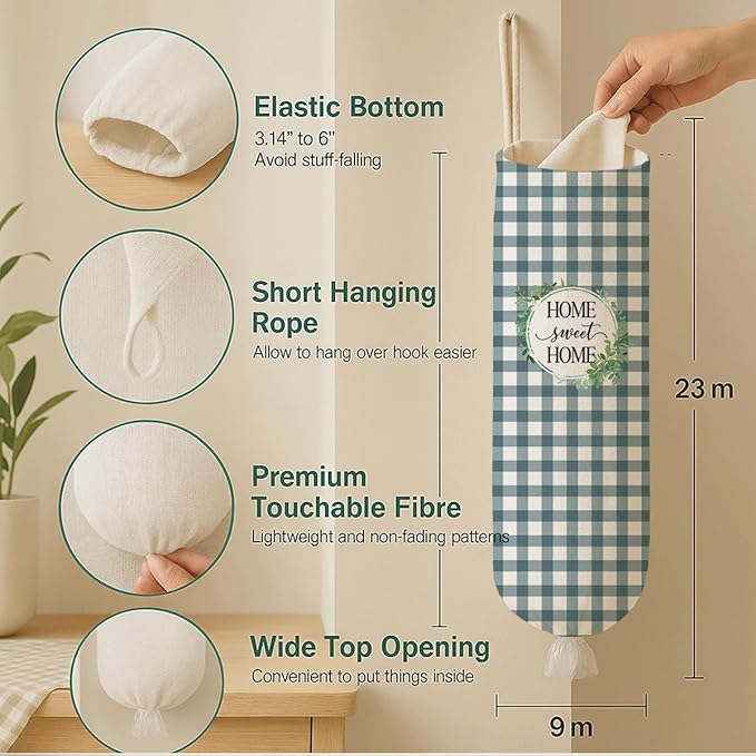 Plastic Bag Holder, Home Sweet Home Plastic Bag Holder for Kitchen Essentials, Blue and White Grid Bags Holders for Plastics Bags Groceries Store, Reusable Hanging Trash Sack Dispenser