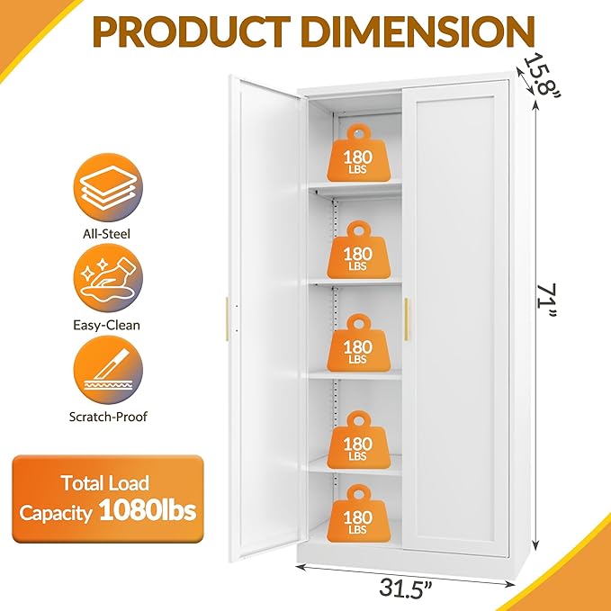 Kitchen Pantry Cabinet,71” Metal Tall Pantry Storage Cabinet with Doors and 4 Adjustable Shelves,Kitchen Storage Cabinets White Freestanding Food Cabinet for Pantries, Kitchen, Livingroom, Dining Room