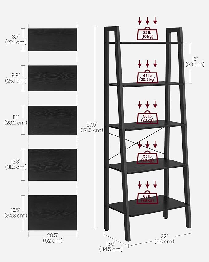 VASAGLE Ladder Shelf, 5-Tier Bookshelf, Storage Rack, Bookcase with Steel Frame, for Living Room, Home Office, Kitchen, Bedroom, Industrial Style, Ebony Black and Ink Black ULLS045B56
