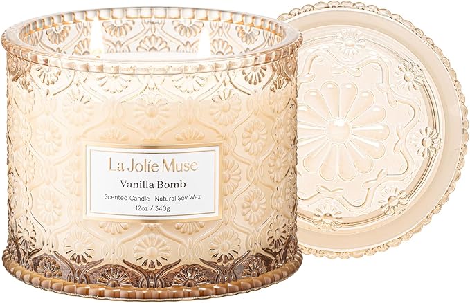 LA JOLIE MUSE Vanilla Bomb Candle | Lemon Zest, Fressia & Patchouli | 12 oz Large 2-Wick Soy Wax Candle | 60 Hours Clean Burn | Valentines Day Decor & Gift for Her
