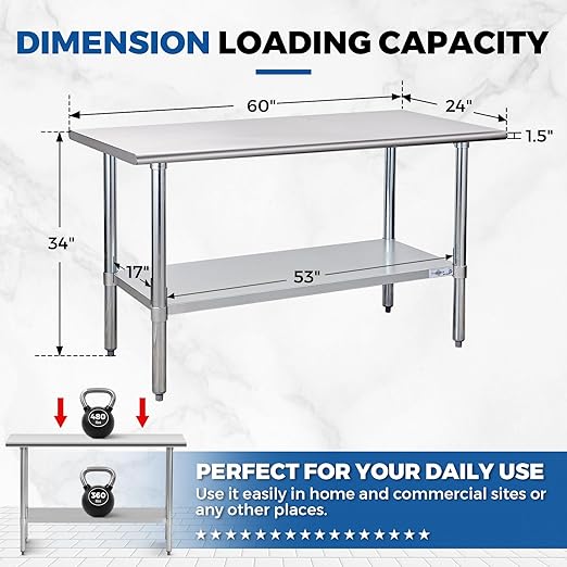 Profeeshaw Stainless Steel Prep Table 60x24 Inch NSF Commercial Work Table with Undershelf Heavy Duty Table for Kitchen Restaurant Home Hotel
