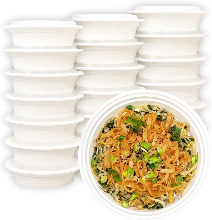 MULMEHË Plastic Food Storage Take-Out Container and Lid Combo, 16 oz, Microwaveable, Round, White, 6x1.5”, Set of 150