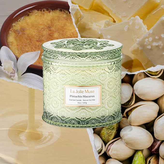 LA JOLIE MUSE Pistachio Macaron Candle | Pistachio, Milk & Vanilla | 12 oz Double Wick Soy Candle | Natural Soy Wax | 60 Hours Clean Burn | Holiday Gift for Dessert Lovers | Seasonal Home Décor
