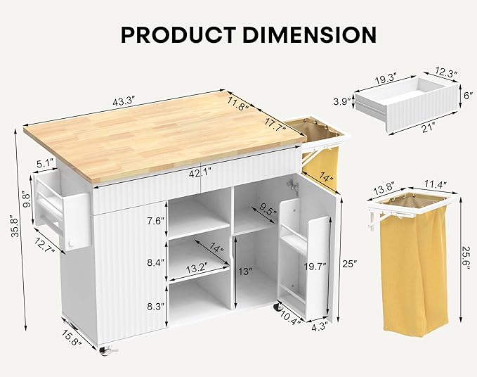 Kitchen Island with Storage, Rolling Kitchen Island on Wheel with Drop Leaf, Foldable Trash Bag, Spice Rack, Towel Bar, Storage Cabinet, Drawer, Kitchen Cart Island Table for Kitchen, White