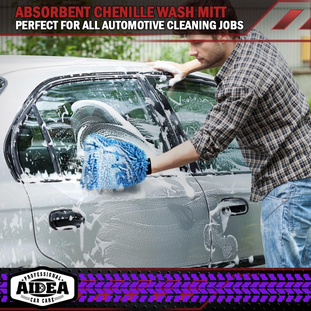 AIDEA Car Wash Mitt Microfiber 2PK, Scratch-Free& Lint-Free, Premium Chenille Microfiber Wash Mitt-Blue Extra Large Size (8''X12'')