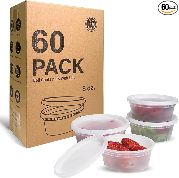 EASYTRIP [60 sets] 8oz Deli Containers with Lids，Food Storage Container with airtight lid，Plastic Soup Containers with Lids Meal Prep/BPA Free/Freezer Safe/Dishwasher Safe/Microwave Safe/Stackable