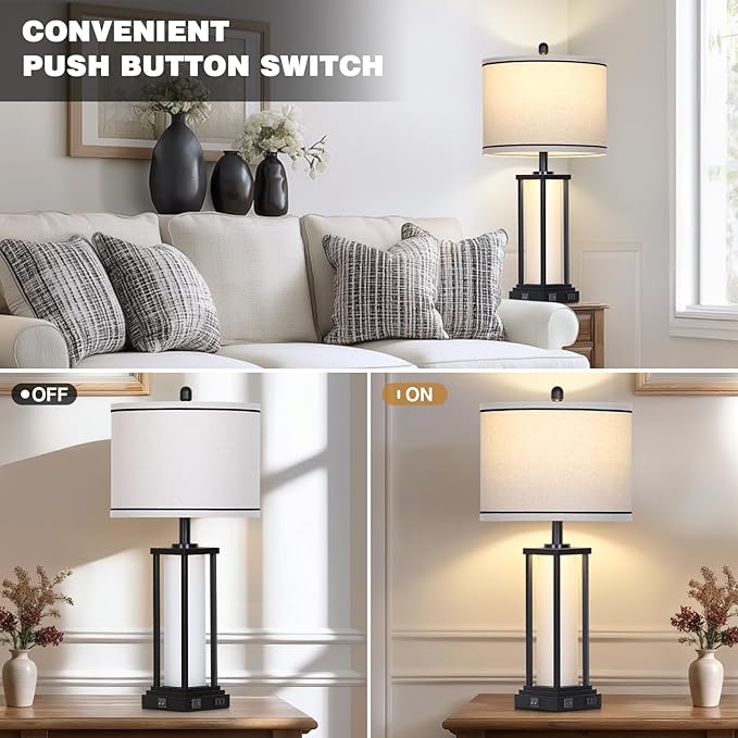 luxeflow 27in Tall Farmhouse Table Lamp with USB C+A & Outlet,Black Industrial End Table Lamp for Living Room,Vintage Rustic Bedside Lamp with Night Light for Bedroom Nightstand,Single Black