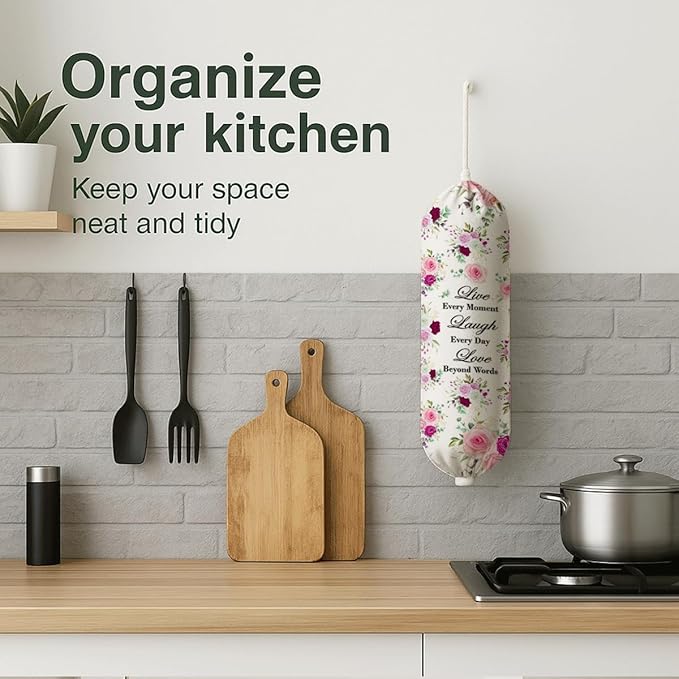 Plastic Bag Holder, Live Every Moment Laugh Every Day Love Beyond Words Plastic Bag Holder for Kitchen Essentials, Reusable Hanging Grocery Sack Dispenser, Floral Trash Sack Storage Dispenser